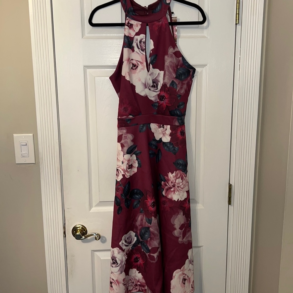 Boohoo High Neck Floral Cut Out Midi Skater Dress